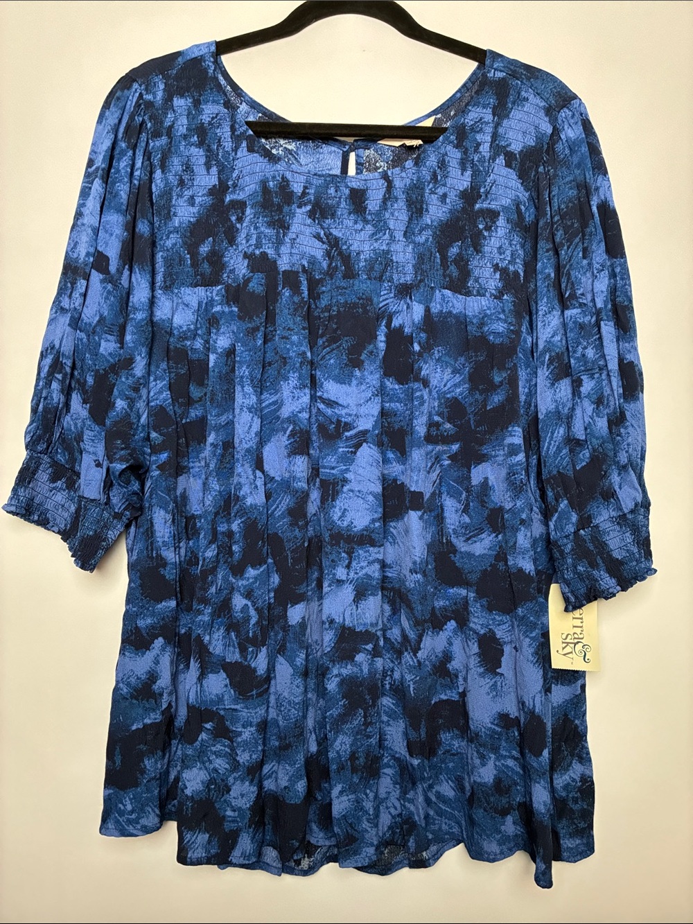 Terra & Sky Blue & Black Printed Pleated Blouse